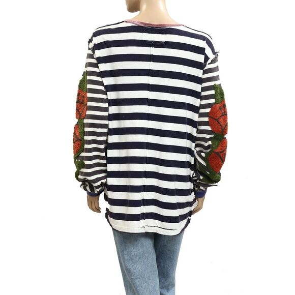 Free People We The Free Rose Stem Tee Tunic Top Embroidered Striped S NEW 283225 - Picture 7 of 8